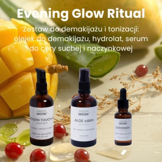 Evening Glow Ritual – Zestaw do demakijażu i tonizacji: olejek do demakijażu, hydrolat, serum do cery suchej i naczynkowej