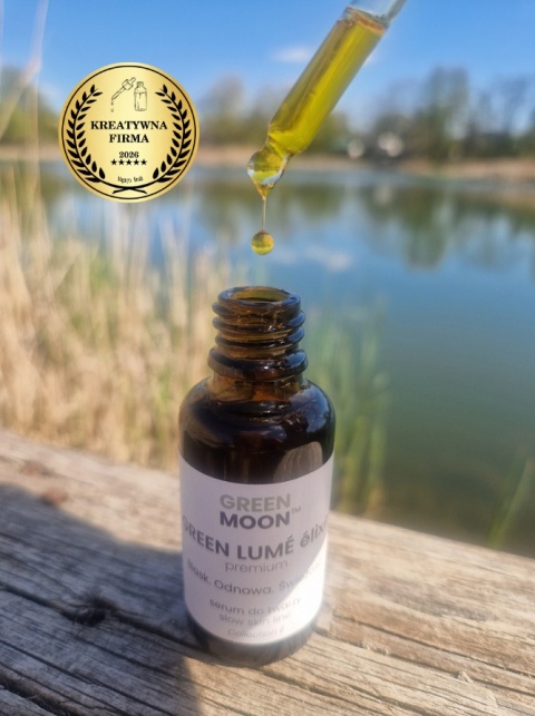 GREEN MOON® GREEN LUME élixir premium – serum do twarzy z roślinnym retinolem i witaminą E w szklanej butelce z pipetą