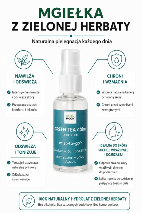 GREEN TEA cálm premium mist-to-go – antyoksydacyjna mgiełka z hydrolatem zielonej herbaty