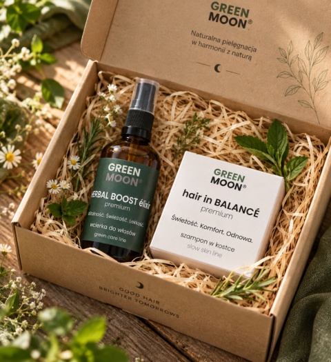 GREEN MOON® Hair Ritual – naturalny zestaw do pielęgnacji włosów: HERBAL BOOST élixir i hair in BALANCÉ premium