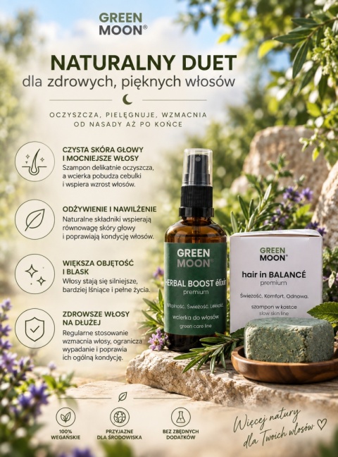 Zestaw GREEN MOON® do włosów – wcierka HERBAL BOOST élixir premium i szampon w kostce hair in BALANCÉ