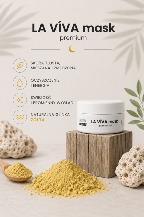 VÍVA mask premium GREEN MOON® – oczyszczająca żółta glinka pomagająca odświeżyć skórę i zmniejszyć widoczność porów.