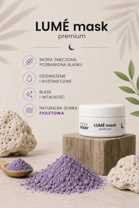 LUMÉ mask premium GREEN MOON® – naturalna fioletowa glinka do pielęgnacji skóry zmęczonej i pozbawionej blasku, 50 ml.