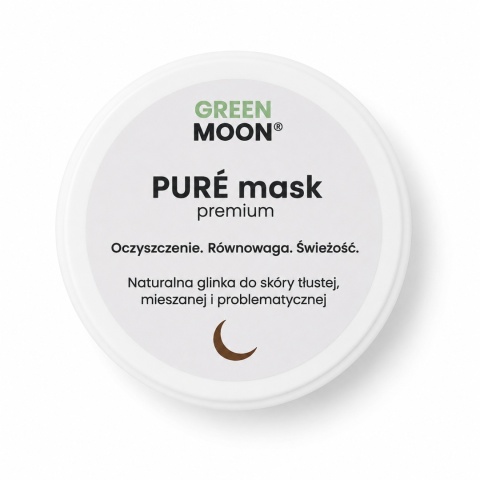 PURÉ mask premium GREEN MOON® – oczyszczająca glinka Rhassoul pomagająca ograniczyć nadmiar sebum i odświeżyć skórę.