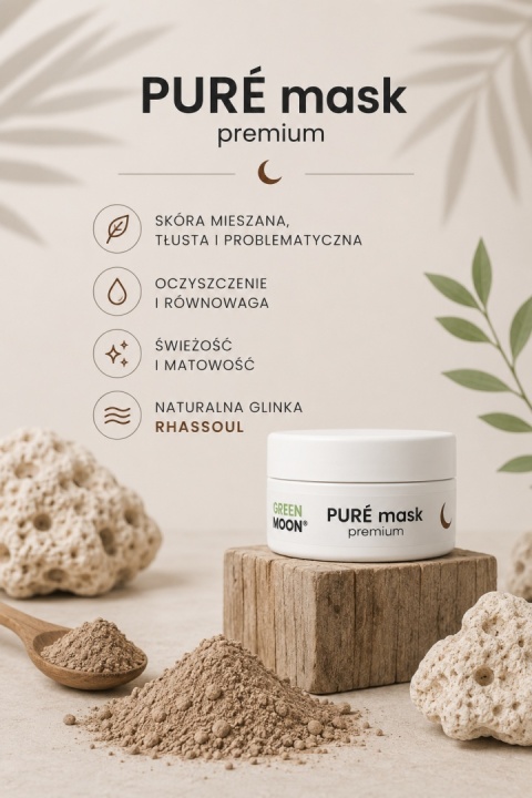 PURÉ mask premium GREEN MOON® – glinka Rhassoul bogata w krzemionkę, magnez, potas i wapń do twarzy, ciała i skóry głowy.