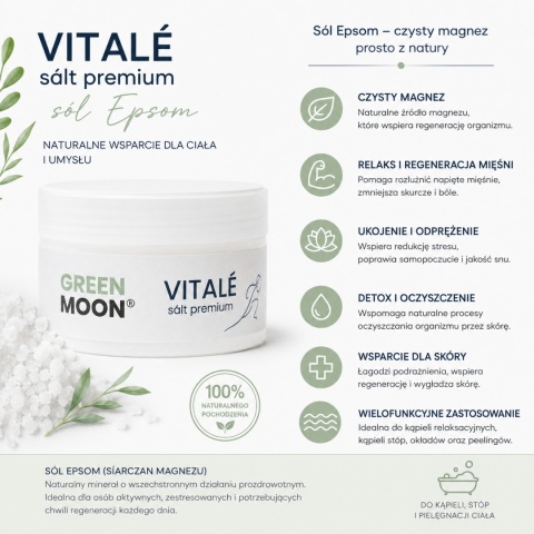 Naturalna sól Epsom GREEN MOON® VITALE sált premium rozluźnia napięcie mięśni