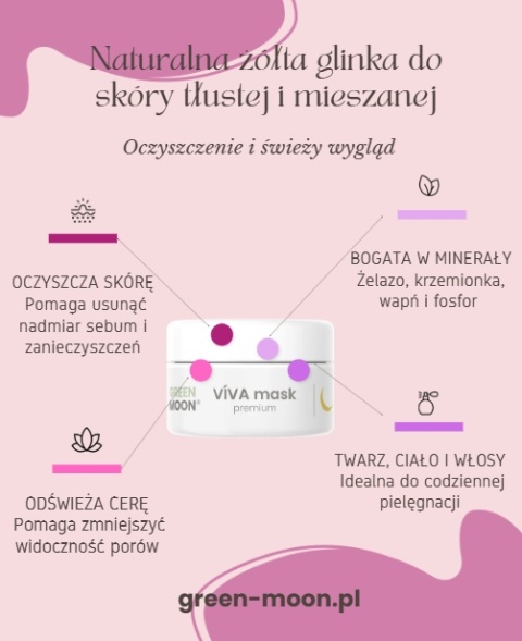 VÍVA mask premium GREEN MOON® – oczyszczająca żółta glinka pomagająca odświeżyć skórę i zmniejszyć widoczność porów.