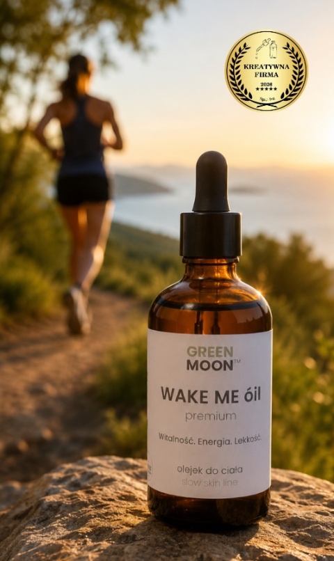 WAKE ME óil premium GREEN MOON® – wegański olejek do ciała wspierający pielęgnację skóry po treningu, bieganiu i aktywnym dniu