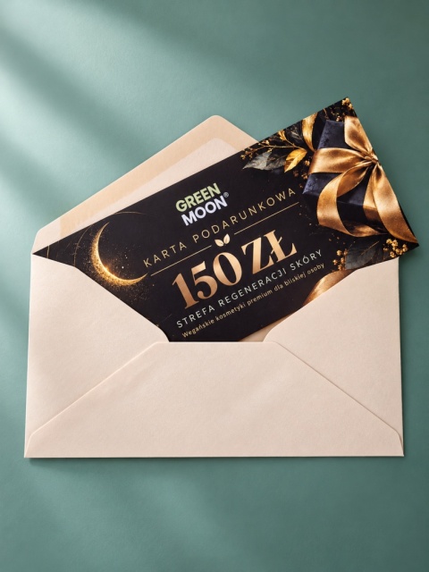Elegancka karta podarunkowa Green Moon premium na swieta 150 zl podaruj prezent weganskie kosmetyki premium sposor polska miss
