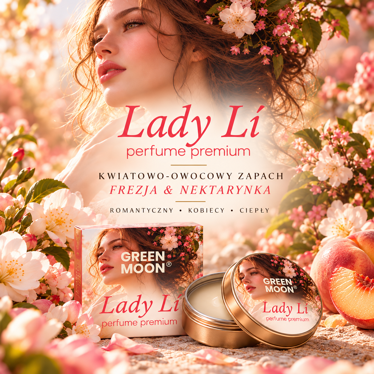 Perfumy w kremie Lady Lí perfume premium GREEN MOON o kobiecym, romantycznym zapachu frezji i nektarynki. Subtelna, zmysłowa kompozycja w poręcznej puszce, którą możesz mieć zawsze przy sobie.