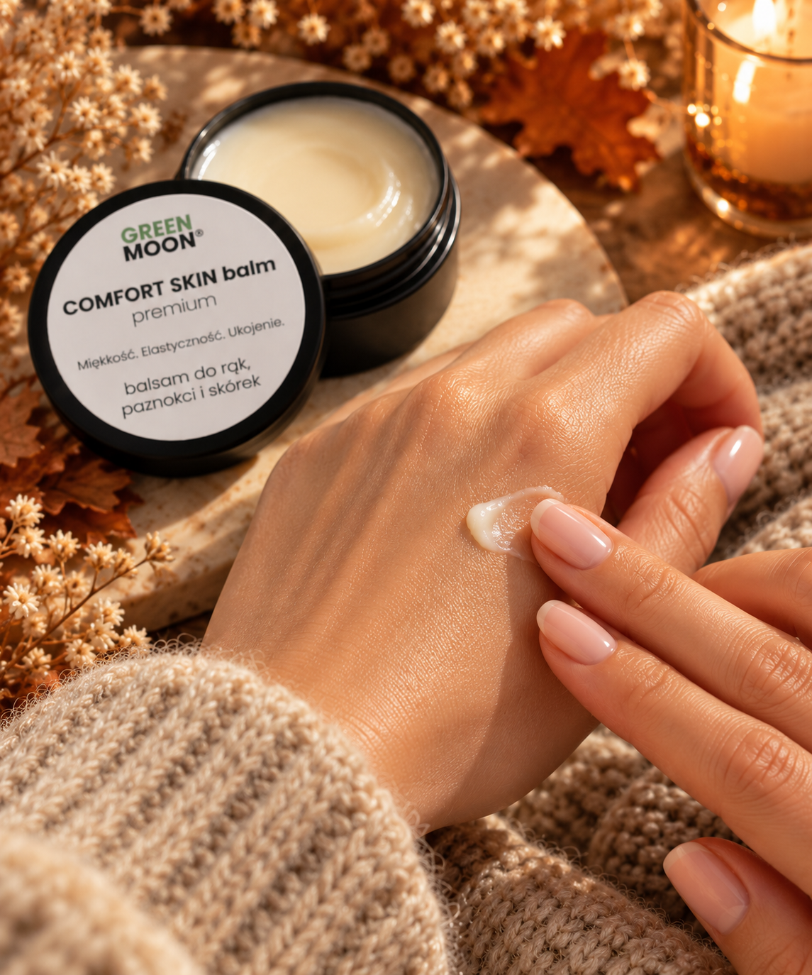 Green Moon naturalny balsam do rak krem do rąk co na suche dłonie wzmocnienie paznokci wegańskie kosmetyki premium polska marka Jesienny rytuał pielęgnacji dłoni.png